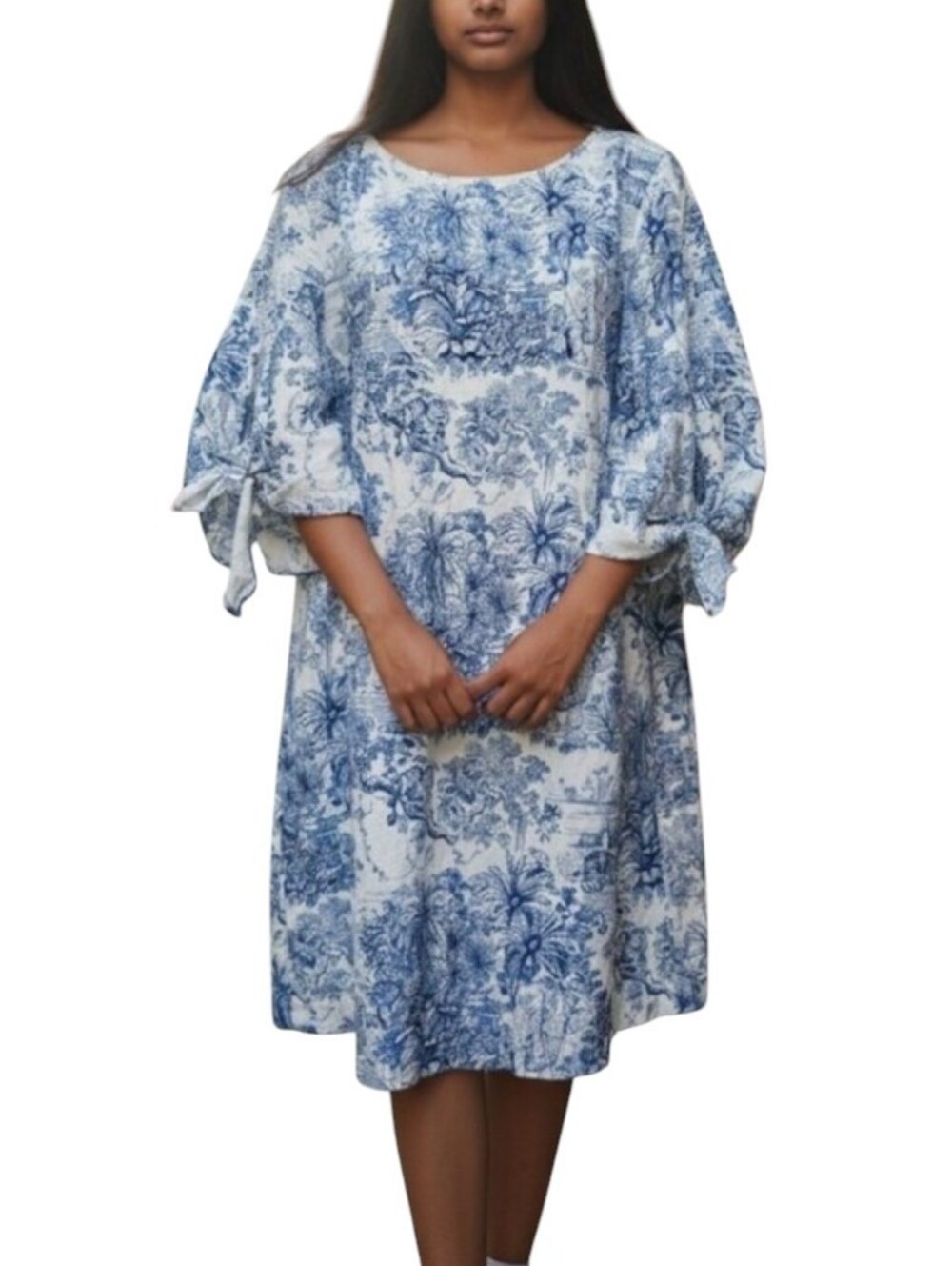 H&M White Linen-Blend Dress with Blue Toile Print Tie Sleeve Sz. L